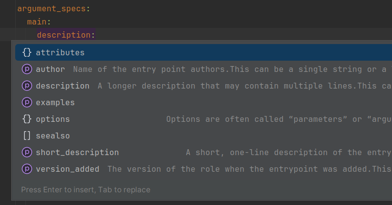 Code Completion within the Ansible's argument_specs file