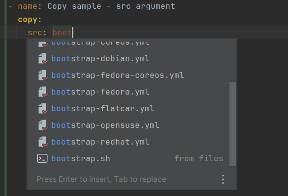 Code completion for the src attribute of the copy task