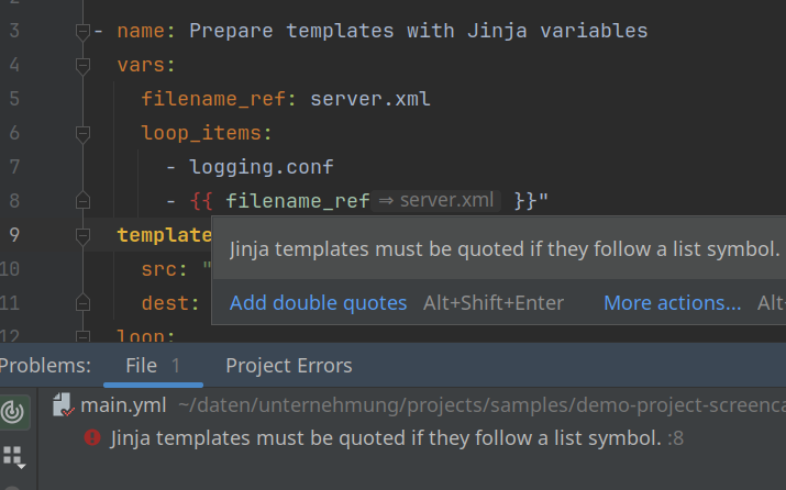Inspection missing quote before jinja